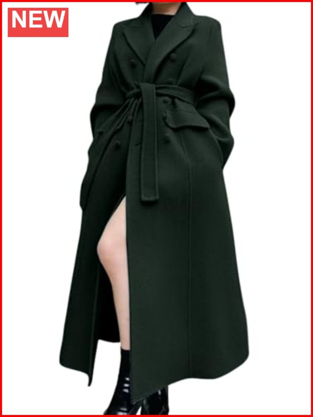Wool Blend Double Breasted Long Pea Coat with Belt